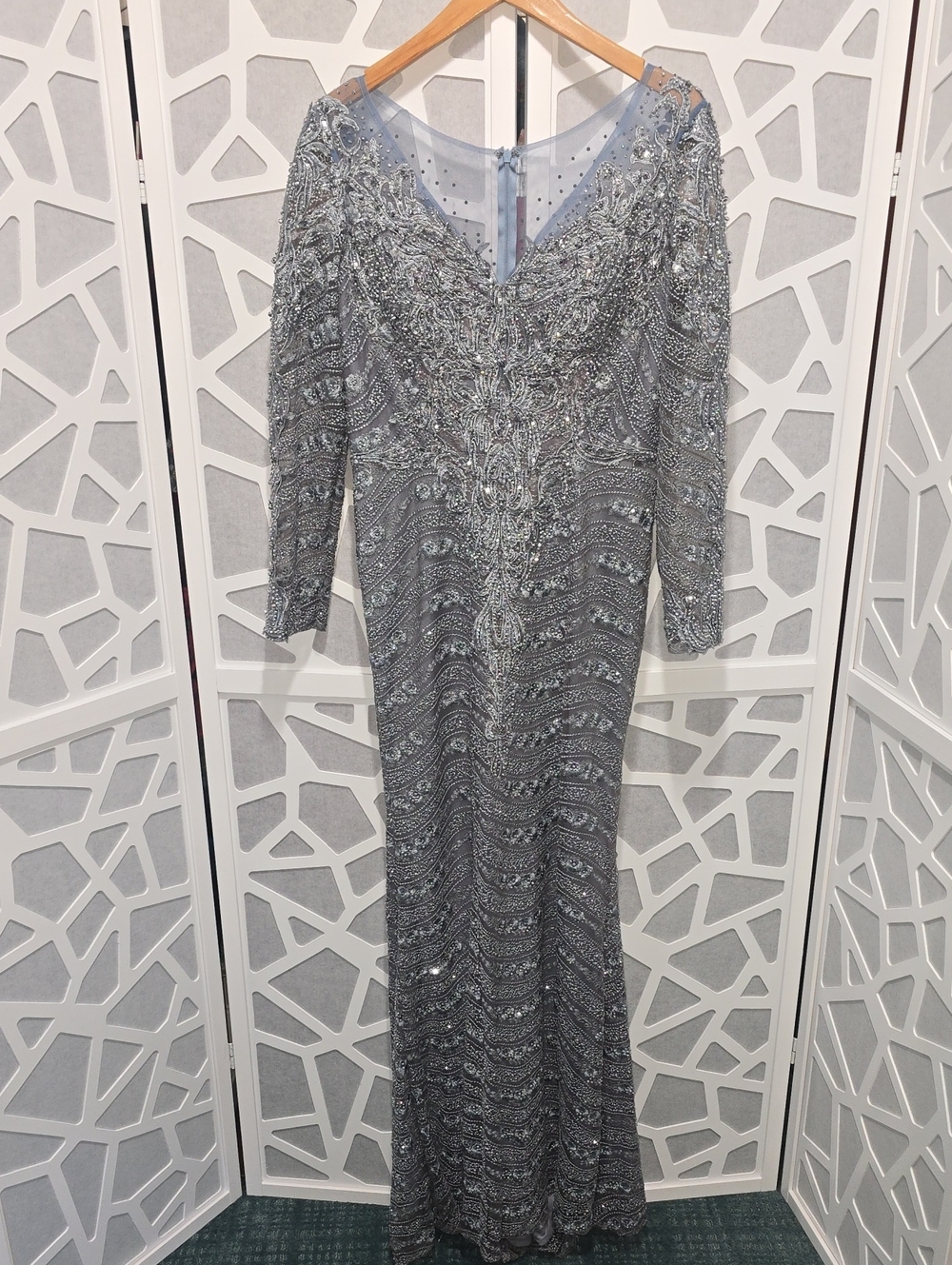 LARA Silver Beaded V-Neck Long Sleeve Evening Gown
